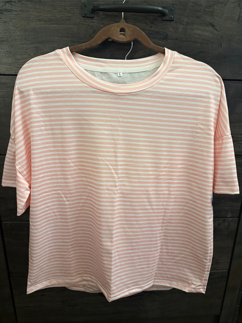 Women's Light Pink Striped Crewneck Relaxed Short Sleeve Tee and Shorts Set.